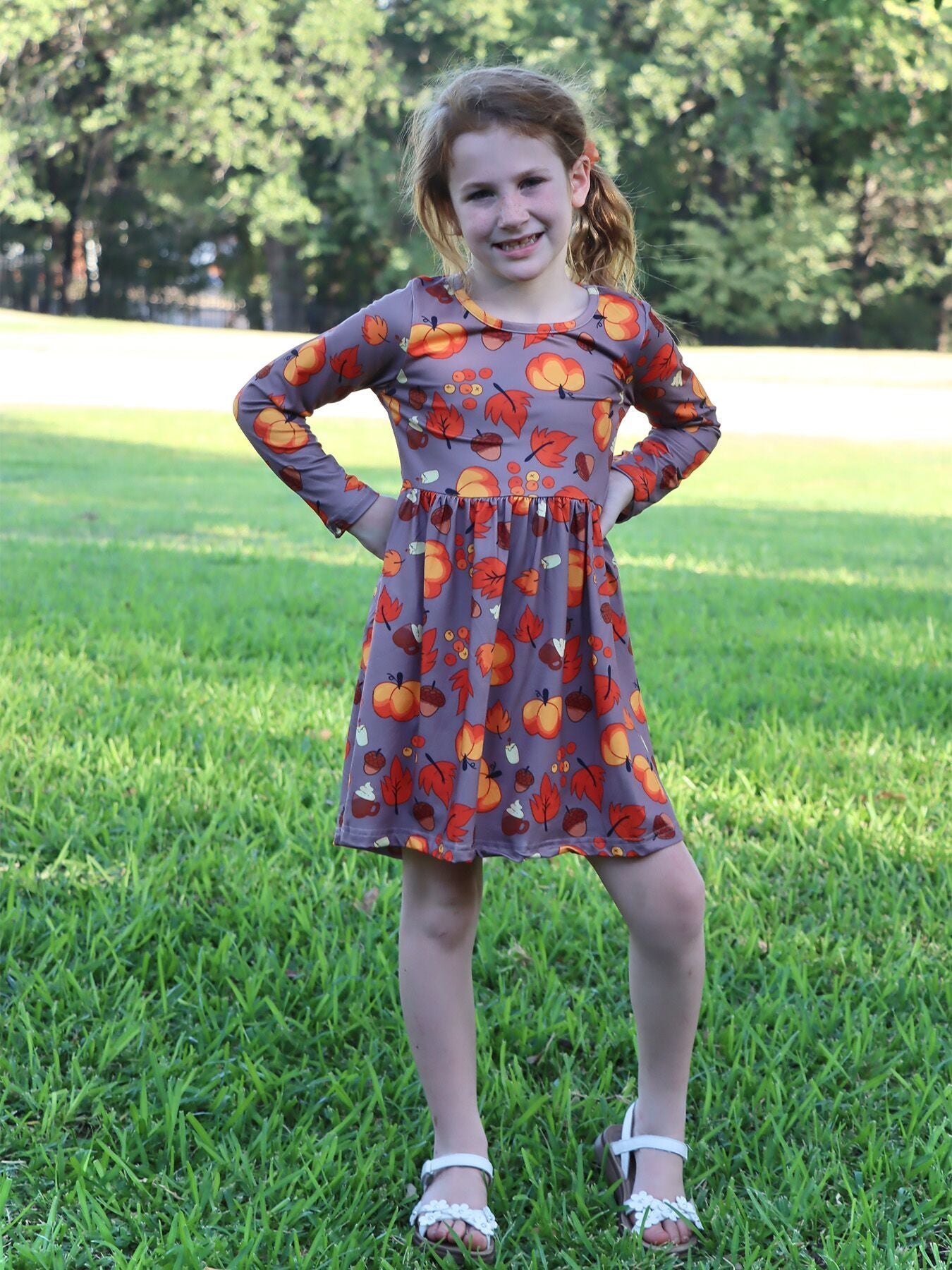 Fall Autumn Leaves Pine Cone Stripe Print Girls Dress