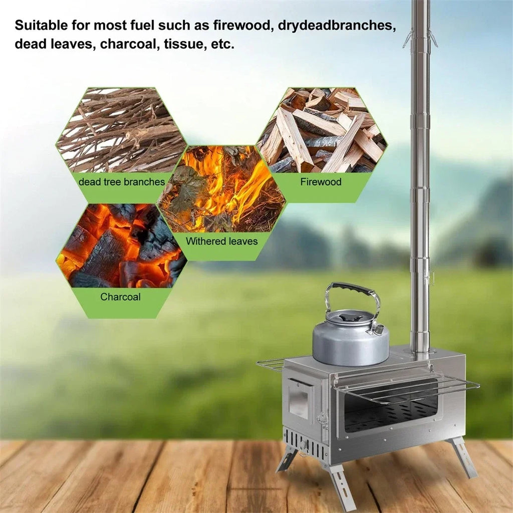 Wood Burning Portable Tent Stove With 6 Stainless Chimney Pipes