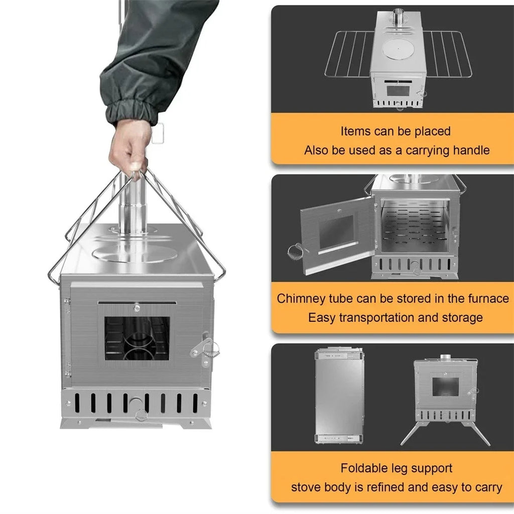 Wood Burning Portable Tent Stove With 6 Stainless Chimney Pipes