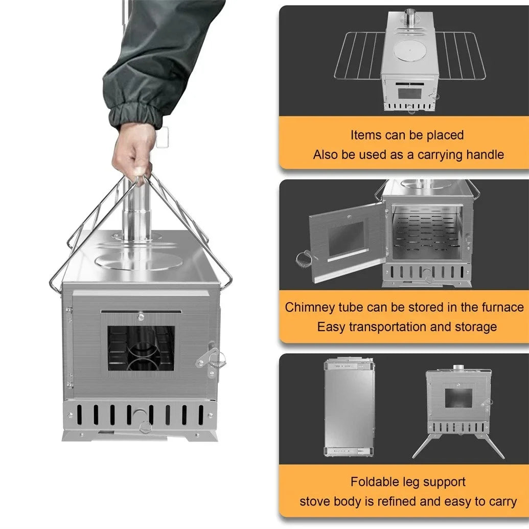 Wood Burning Portable Tent Stove With 6 Stainless Chimney Pipes